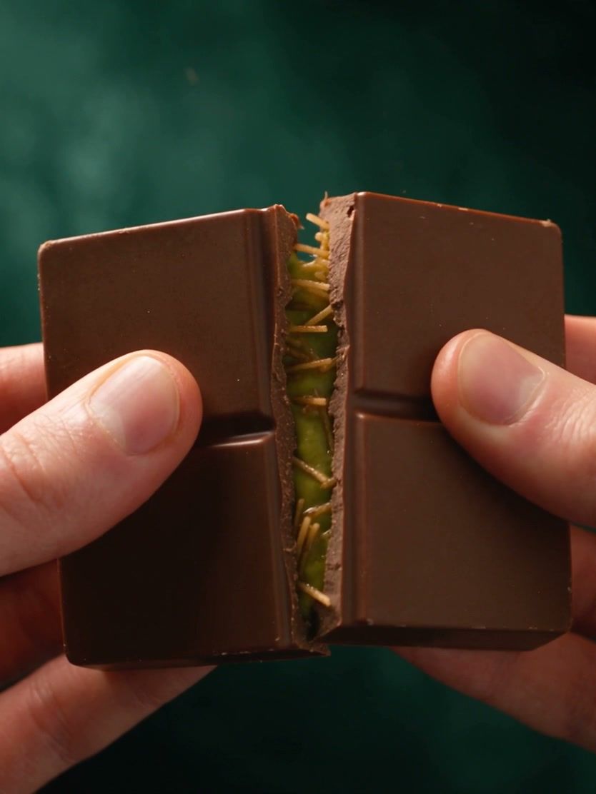 La tableta recién partida: la cubierta de chocolate con leche y, adentro, la crema de pistacho