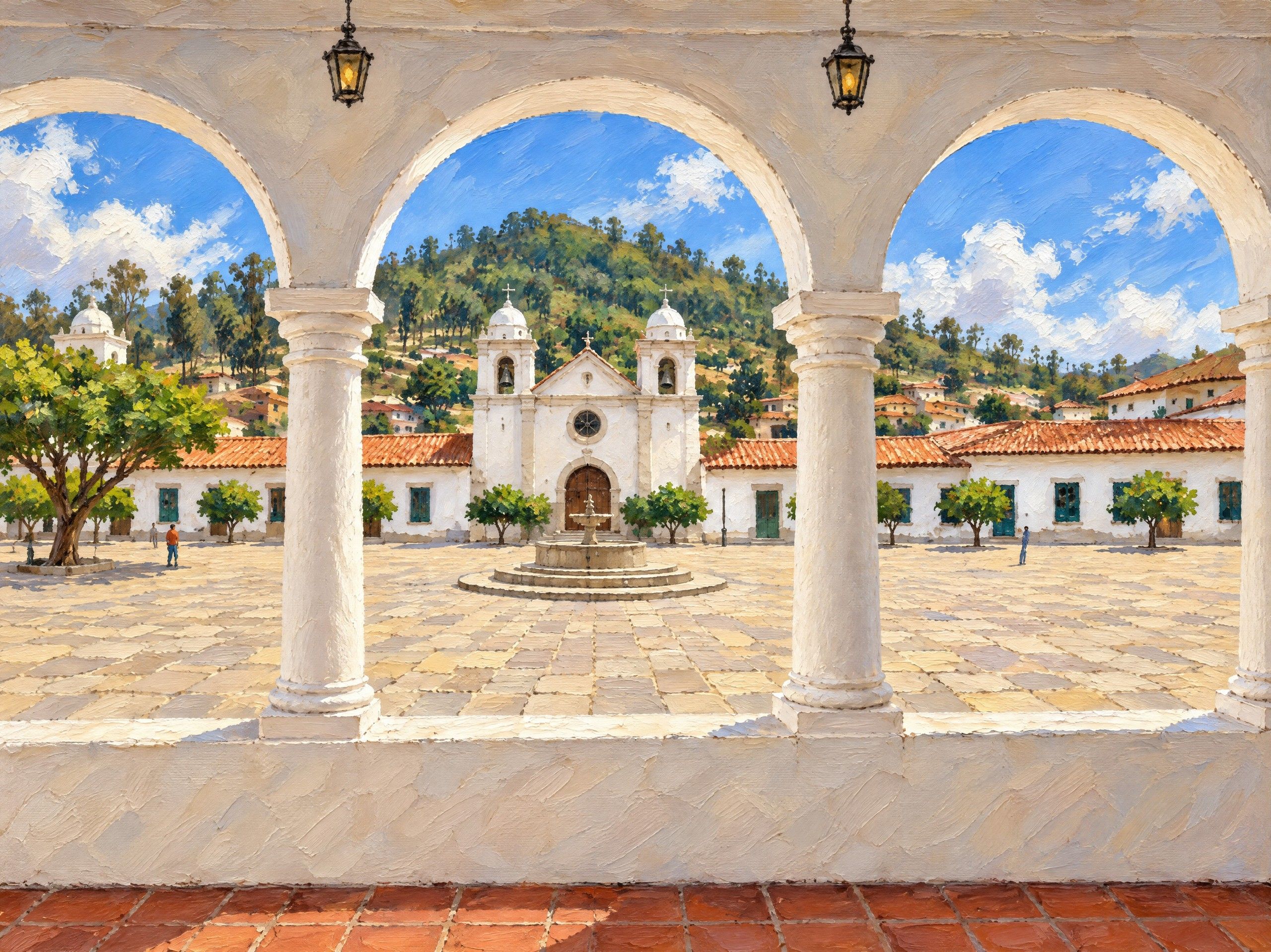 Pintura digital al estilo del óleo: la plaza de La Recoleta, en Sucre, con su fuente y el convento, vista entre los arcos blancos del mirador
